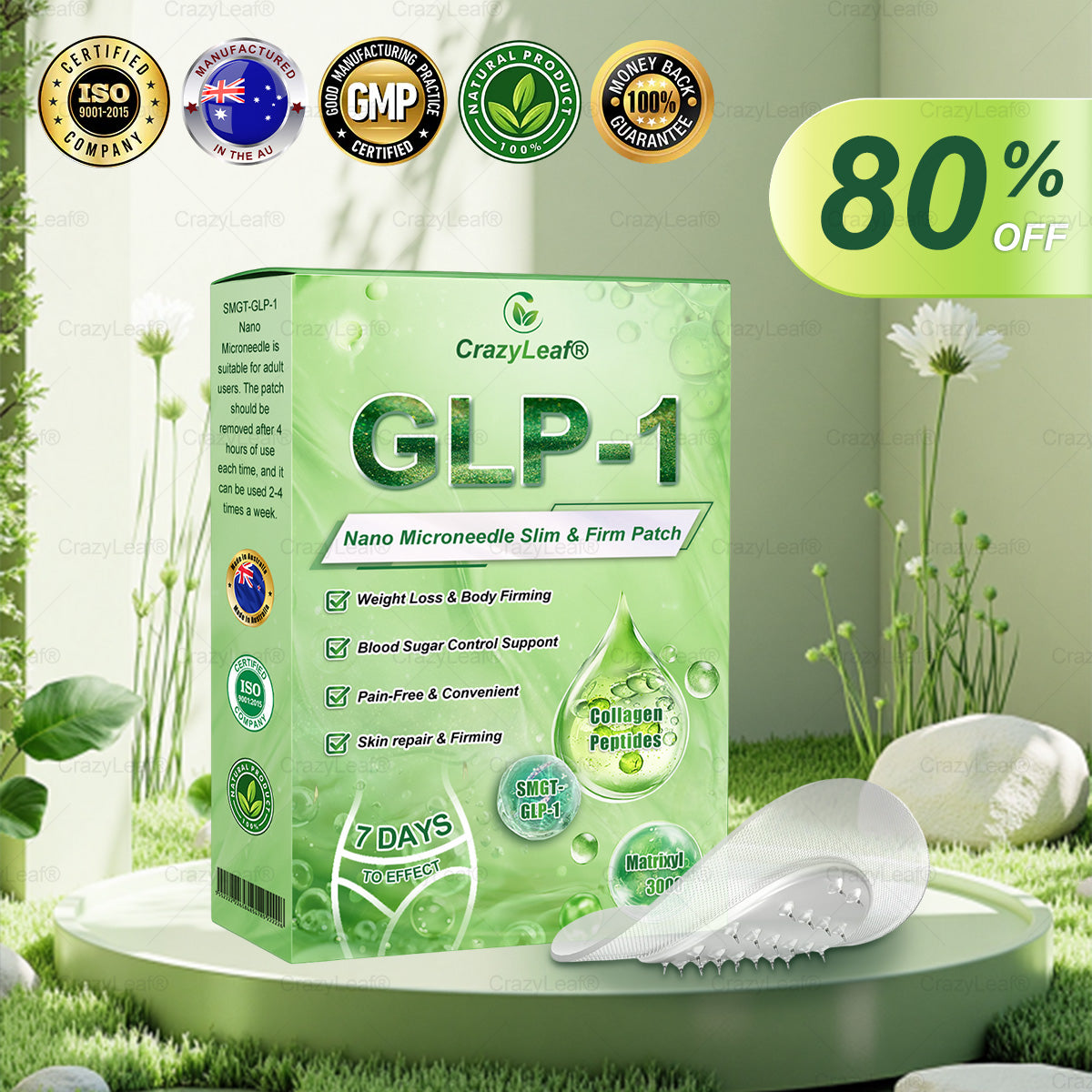 đAU Clinically Proven|Official Store | CrazyLeafÂź SMGT-GLP-1 Nano Microneedle Patch with Collagen & Matrixyl 3000 äžšTargets Obesity, Loose Skin, High Blood Pressure, Diabetes, Fatty Liver, Joint Pain, Brain Fog, Low Energy, Body Aches, and More