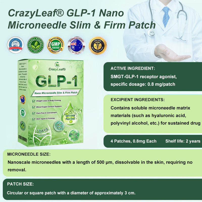 đAU Clinically Proven|Official Store | CrazyLeafÂź SMGT-GLP-1 Nano Microneedle Patch with Collagen & Matrixyl 3000 äžšTargets Obesity, Loose Skin, High Blood Pressure, Diabetes, Fatty Liver, Joint Pain, Brain Fog, Low Energy, Body Aches, and More